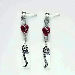 Romantic goth vampire red heart & skull silver wire earrings ✦ long dangly earri